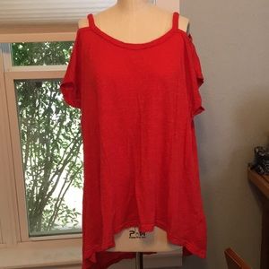 Red cold shoulder tee shirt.